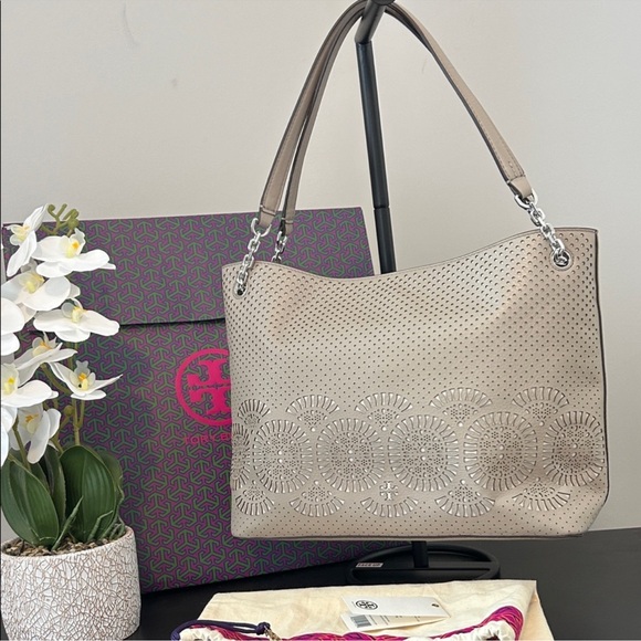 Tory Burch Taupe Perforated Shoulder Bag - Picture 3 of 14